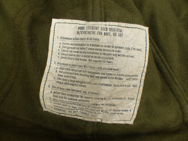 米軍実物 1982” M65 パーカー / ジャケット 用 フード 白タグ　125ｘ_画像8