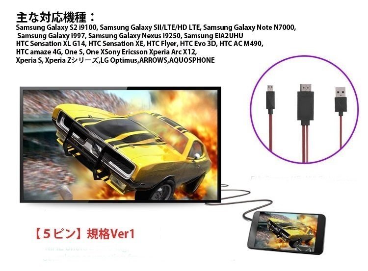 HDMI変換ケーブル 1080P対応 2m microUSB-HDMI変換 スマホの画面をテレビで 給電用USBケーブル付 mciro5pinタイプ専用 MD5PIN/5PIN_画像5