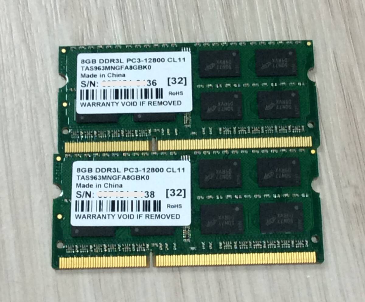 16GB(8GB×2枚) ノートPC用メモリ DDR3L PC3-12800 CL11 中古 _画像1