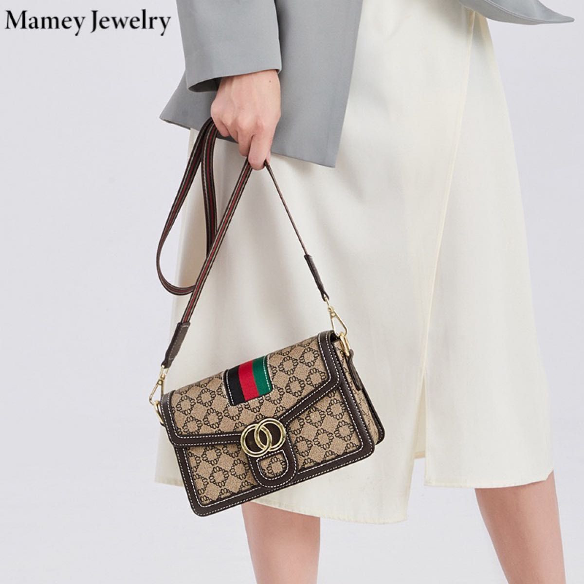 Mamey Jewelryバッグ、女性、2024、新モデル、老花チェーン、小四角バッグ、片肩クロスバッグ、軽奢ブランド、広い肩帯