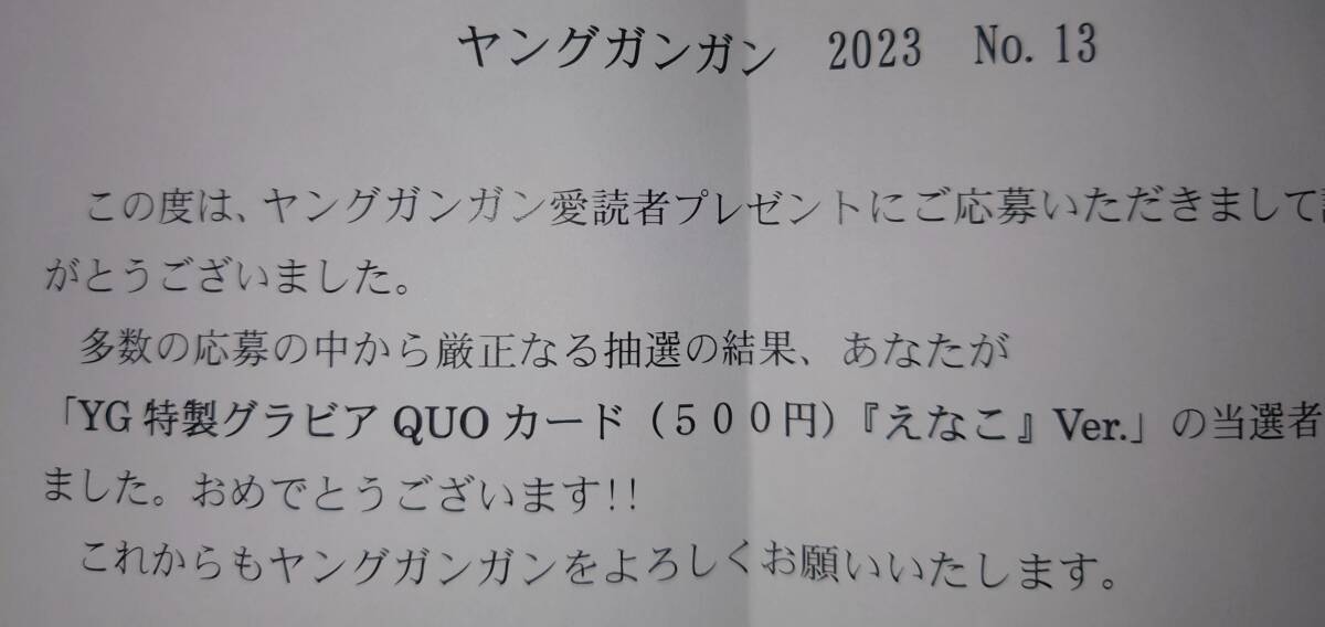  えなこ クオカード ヤングガンガン　　抽プレ当選　当選通知付属 _画像2