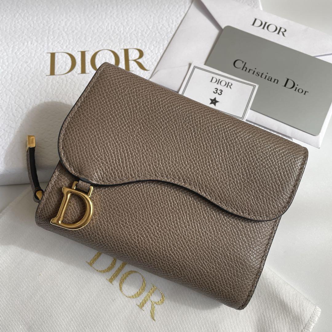 【極美品★付属品完備】DIOR ディオール ロータスウォレット サドル 三つ折り ミニウォレット D金具 レザー ゴールド金具 ベージュ 茶