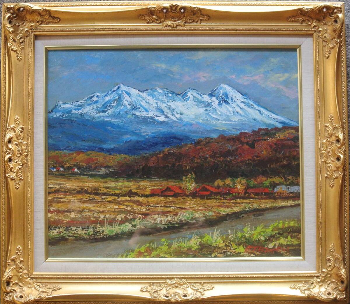 真作 高橋益之作 大雪山遠望 F8サイズ 額装入り 油絵 風景画油彩画 _画像1