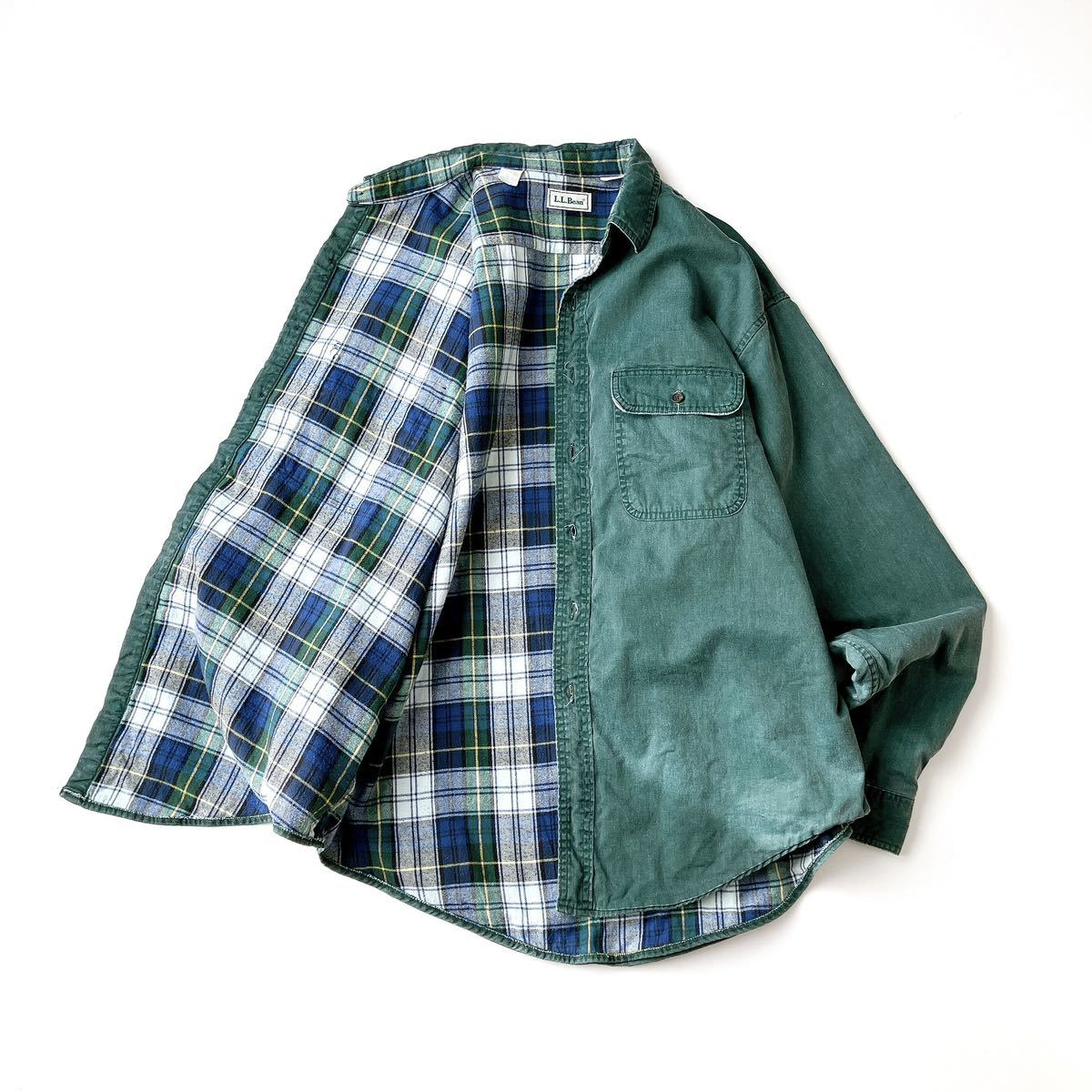 80's 90's L.L.Bean flannel lining cotton shirt green made in Canada エルエルビーン 裏地 フランネル コットン シャツ カナダ製_画像3