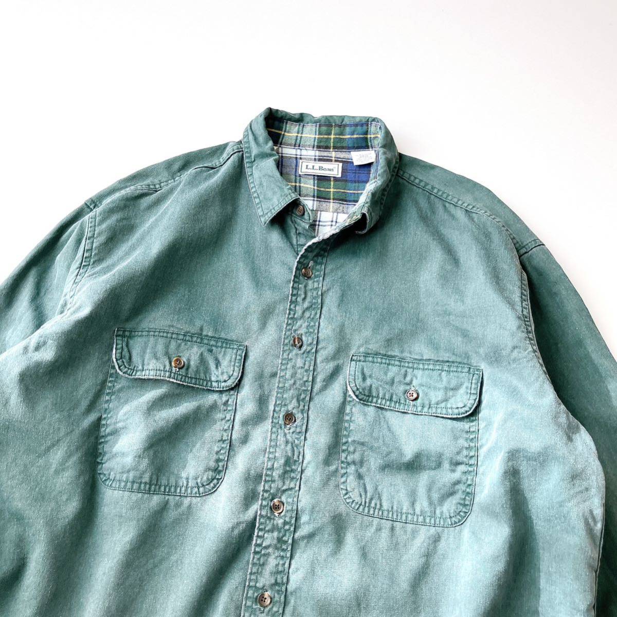 80's 90's L.L.Bean flannel lining cotton shirt green made in Canada エルエルビーン 裏地 フランネル コットン シャツ カナダ製_画像5