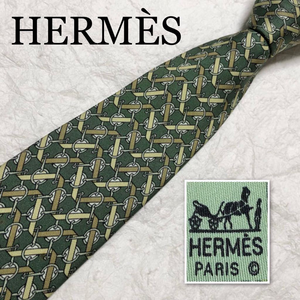 HERMES エルメス　ネクタイ　ベルト　金具　総柄　シルク100% フランス製　グリーン系　ビジネス_画像1