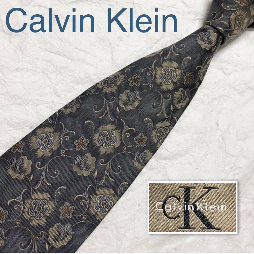 Calvin Klein カルバン・クライン　ネクタイ　花柄　シルク100% 日本製　シルバーグレー_画像1
