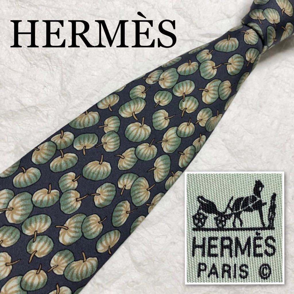 HERMES エルメス　ネクタイ　かぼちゃ　パンプキン　総柄　シルク100% フランス製　ブルー×グリーン_画像1