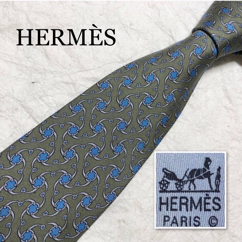 HERMES エルメス　ネクタイ　金具　総柄　シルク100% フランス製　モスグリーン×ライトブルー_画像1