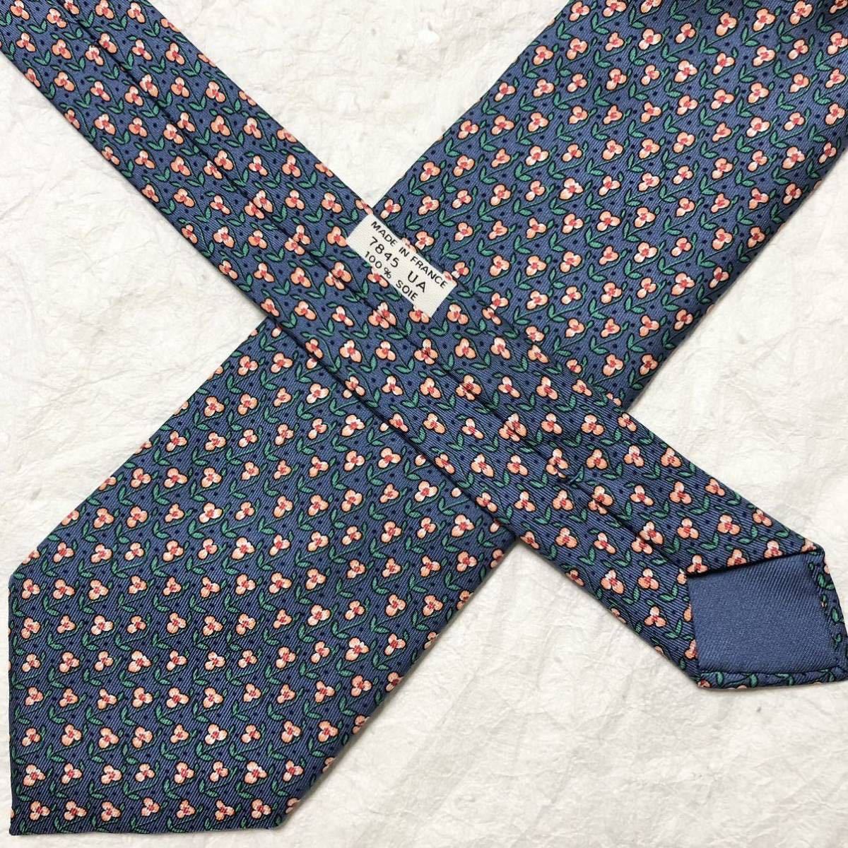 ■美品■HERMES エルメス　ネクタイ　花柄　フラワー　ドット　総柄　シルク100% フランス製　ブルー ×グリーン×サーモンピンク_画像5