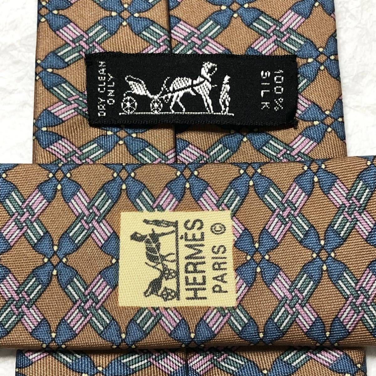 HERMES エルメス　ネクタイ　格子　金具　革の部品　総柄　シルク100% フランス製　ライトブラウン_画像6