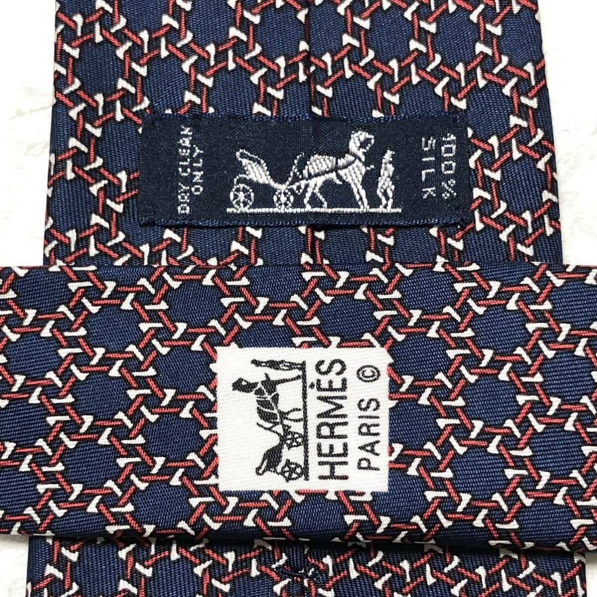 ■美品■HERMES エルメス　ネクタイ　六角形　金具　紐　総柄　シルク100% フランス製　ネイビー×レッド×ホワイト_画像6