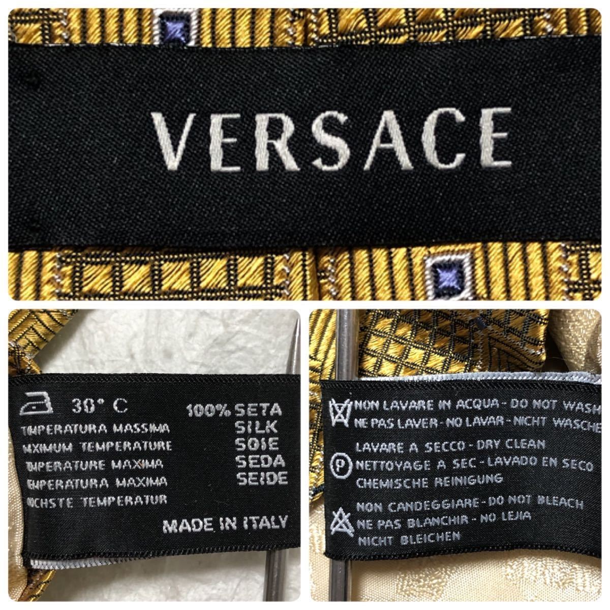 VERSACE ヴェルサーチ　ネクタイ　スクエア　チェック　シルク100% イタリア製　ゴールド　ビジネス_画像9