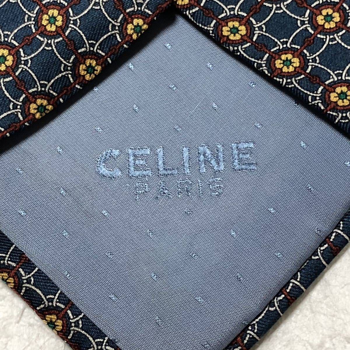 ■美品■CELINE セリーヌ　ネクタイ　格子　花柄　金具　総柄　シルク100% スペイン製　グレー×ボルドー　ビジネス