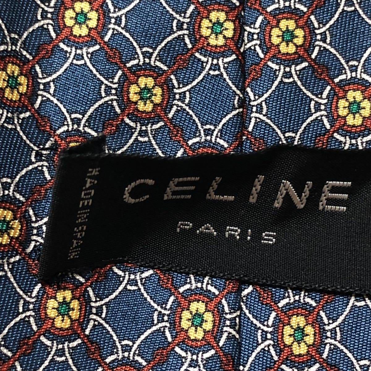 ■美品■CELINE セリーヌ　ネクタイ　格子　花柄　金具　総柄　シルク100% スペイン製　グレー×ボルドー　ビジネス