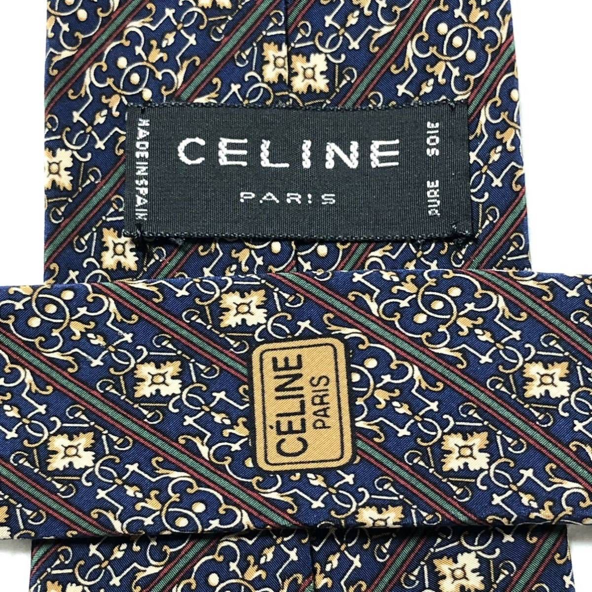 ■美品■CELINE セリーヌ　ネクタイ　レジメンタルストライプ　金具　装飾　花柄　シルク100% スペイン製　ネイビー_画像6