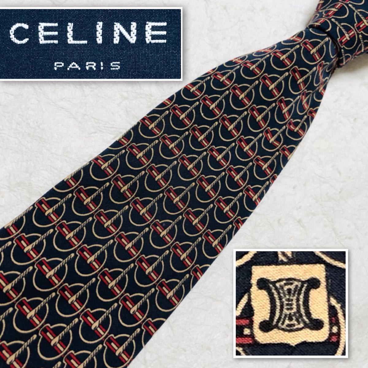 CELINE セリーヌ ネクタイ 金具 紐 総柄 シルク100% スペイン製 CELINE セリーヌ ネクタイ 金具 紐 総柄 シルク100% スペイン製