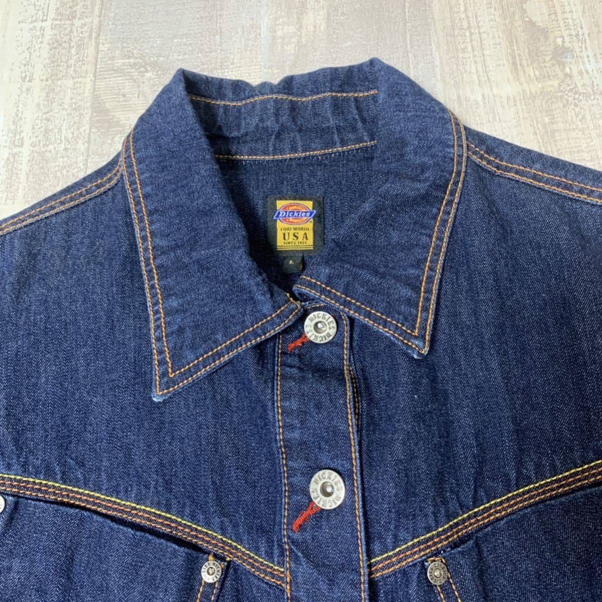 【USA製 濃紺 バック刺繍 希少】90s Dickies 3rd TYPE デニム ジャケット ディッキース サイズL Gジャン Levi's 70505 インディゴ リーバイ