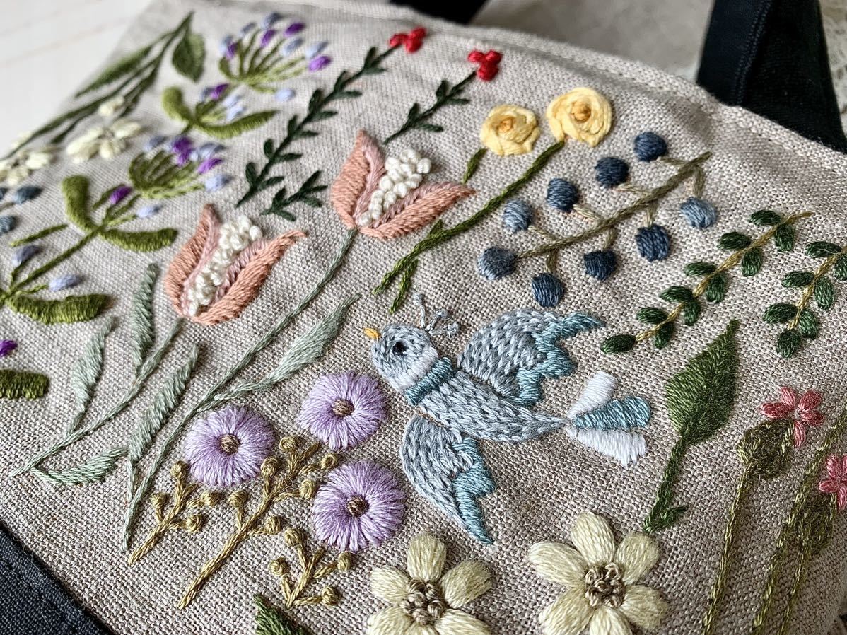 ★ハンドメイド・リネン・お花刺繍・ミニトートバッグ・2WAY_画像4