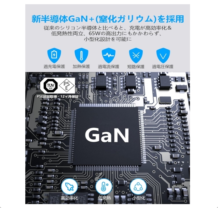 65W USB-C 充電器 PD PPS対応 GaN ACアダプター 20V 3.25A Type-C PSE認証 新品 送料込み_画像6