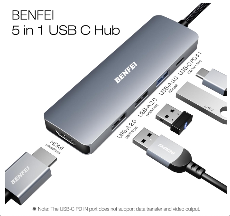 BENFEI 5in1 USB-C ハブ 4K HDMI / 3 * USB-A / 100W PD アルミニウムケース 新品 送料込み_画像3