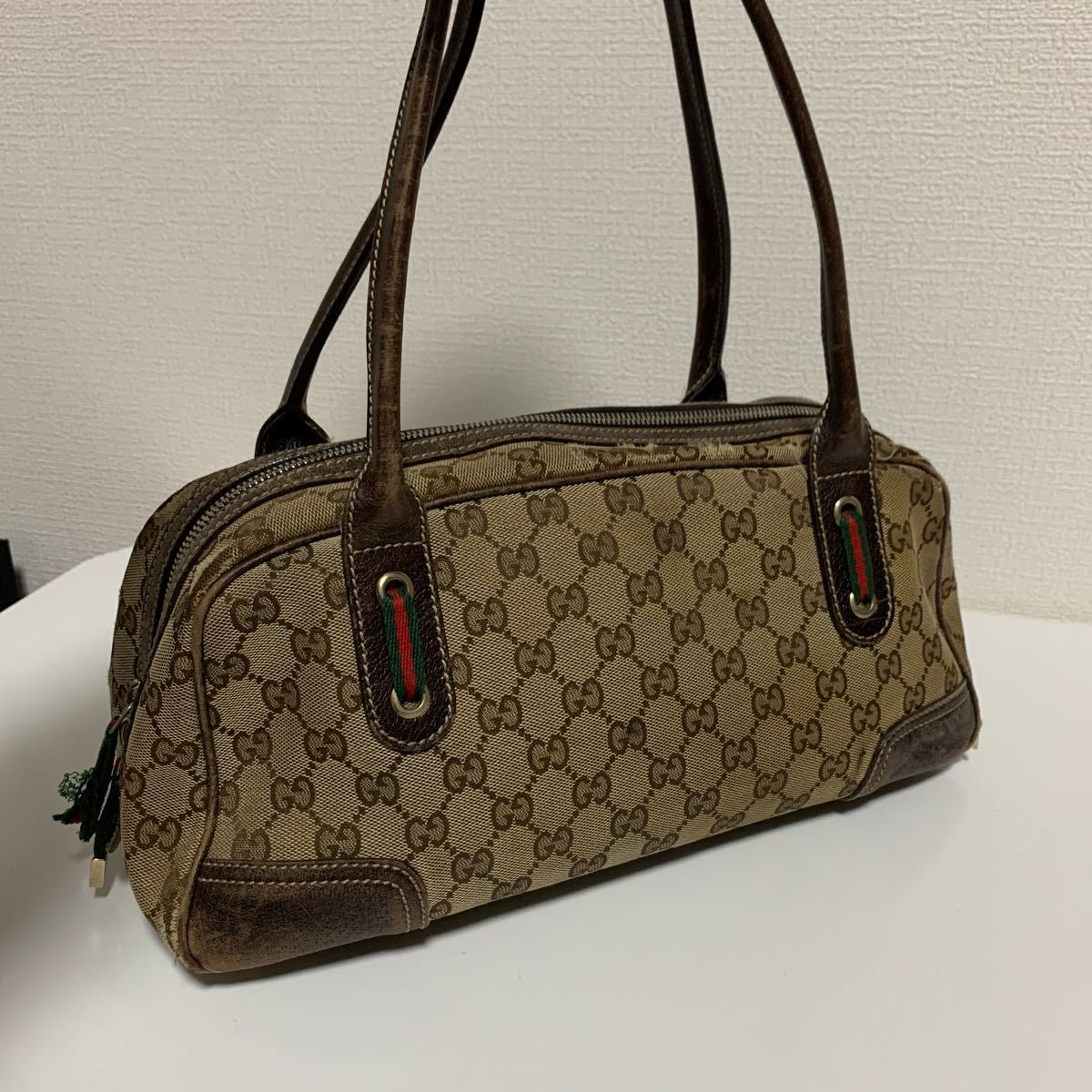 GUCCI グッチ GGキャンバス シェリーライン リボン　ハンドバッグ　ブラウン _画像2