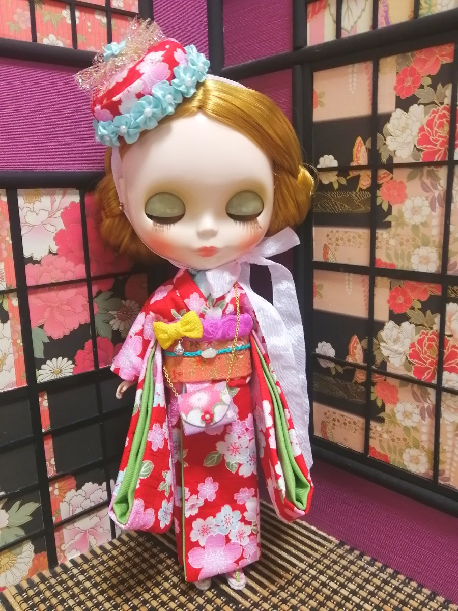 【 夢人夜呉服店 】Blythe ブライス 着物 振袖　お花見　お雛祭り　お帽子ちゃんのお着物セット(赤)_画像5