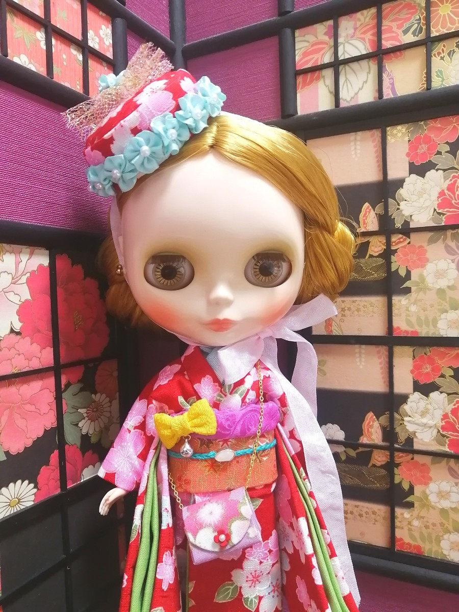 [ сон человек ночь . одежда магазин ]Blythe Blythe кимоно кимоно с длинными рукавами . цветок видеть .. праздник . шляпа Chan. . кимоно комплект ( красный )