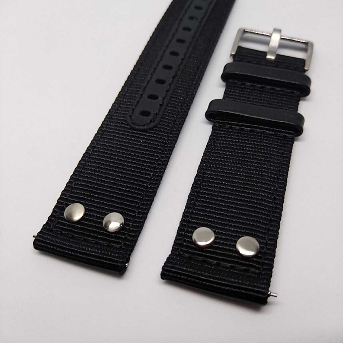 ブラック 22mm リベット付き キャンバスナイロンレザーストラップ ハミルトンタイプ 腕時計ベルト　交換用　ミリタリー イージークリック式_画像9