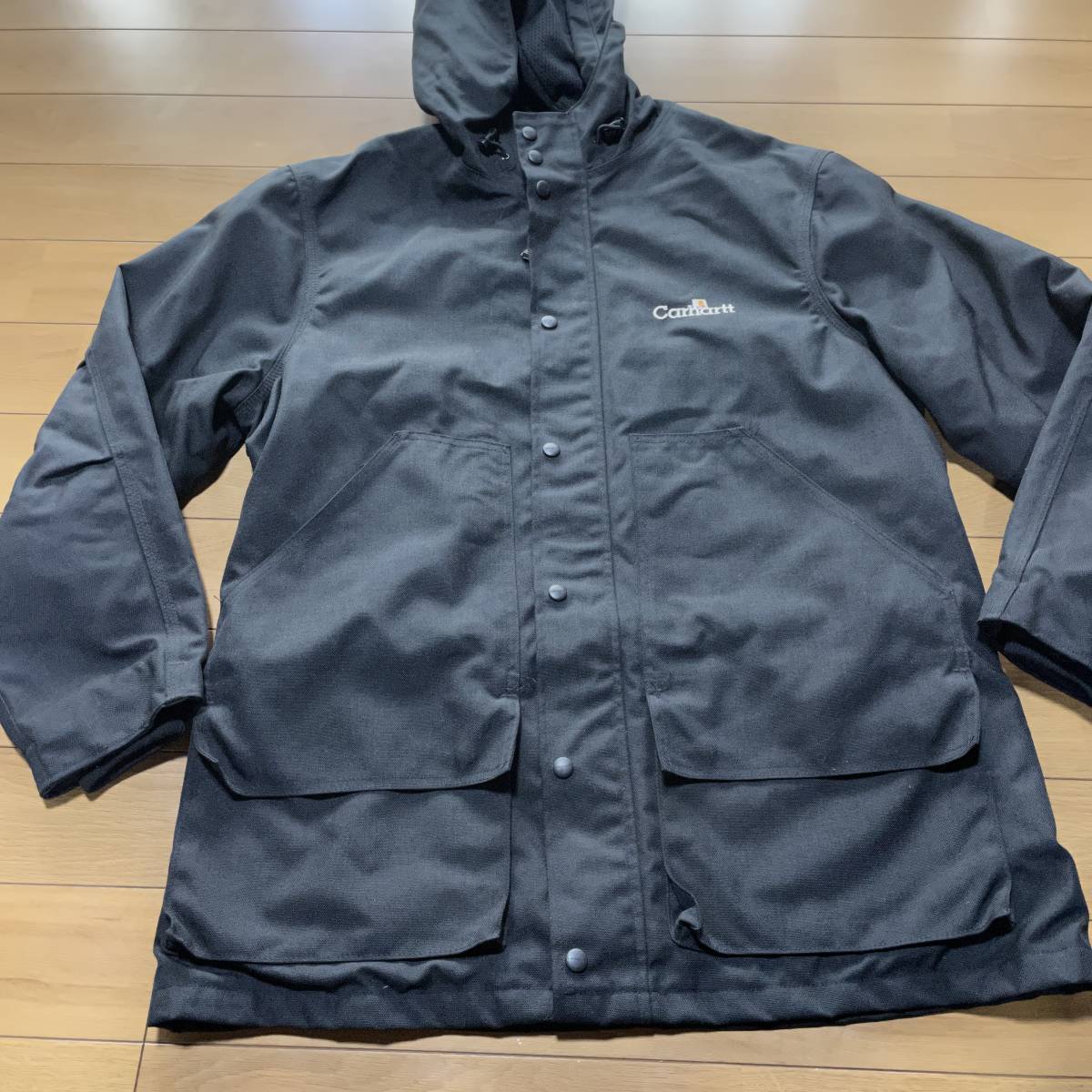 S-10　●カーハート/Carhartt（ニュービジネス・USA製）　サイズ XL 程度・黒！　ダック地（ナイロン）ジップ コート（フーディー）●_画像1