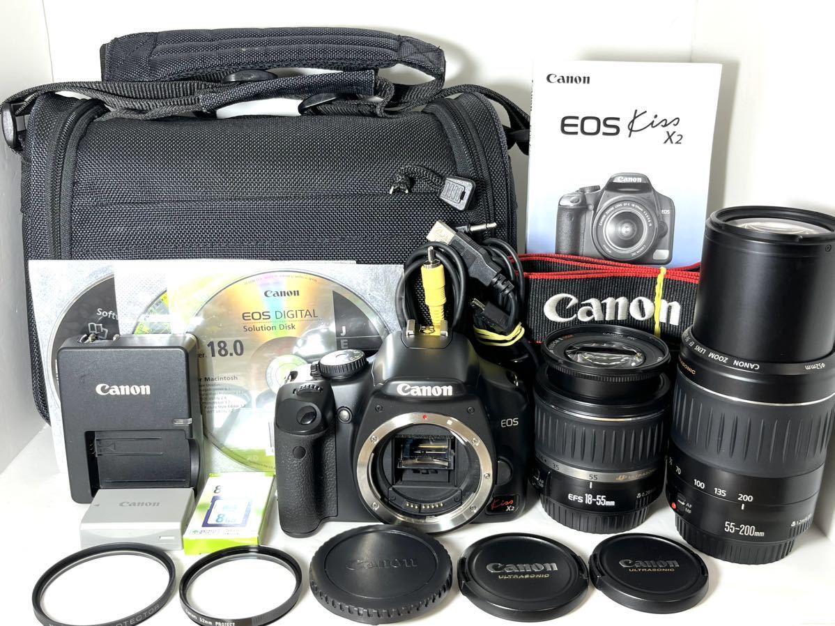 総ショット数新同2,230枚 美品 キャノン Canon EOS Kiss x2 Wレンズ 付属品完備 カメラバッグ&SDカード付き すぐに撮影出来ます♪