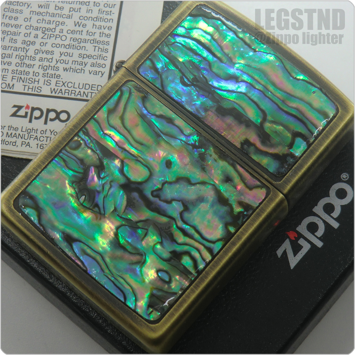 貝貼 1932-1991 Shell Inlay Abalone Zippo (Antique Brass) シェルインレイ 両面天然貝象嵌細工 ダブルイヤー刻印 検)貝貼 アワビ 真鍮_画像1