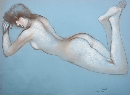 裸婦を描く人気画家　古沢岩美　パステル画　「うつ伏せの裸婦」　額縁付き　【創業５3年・安心・信頼・実績・都内最大級の正光画廊です】