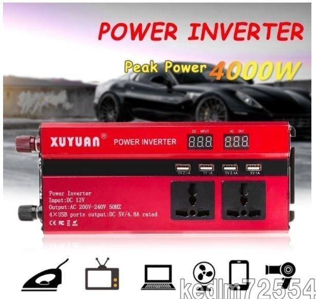 『超得』インバーター 車 電源 トランス コンバータ LCDディスプレイ 連続出力4000W 瞬間最大8000W 入力DC12V 出力AC110V 赤の画像1