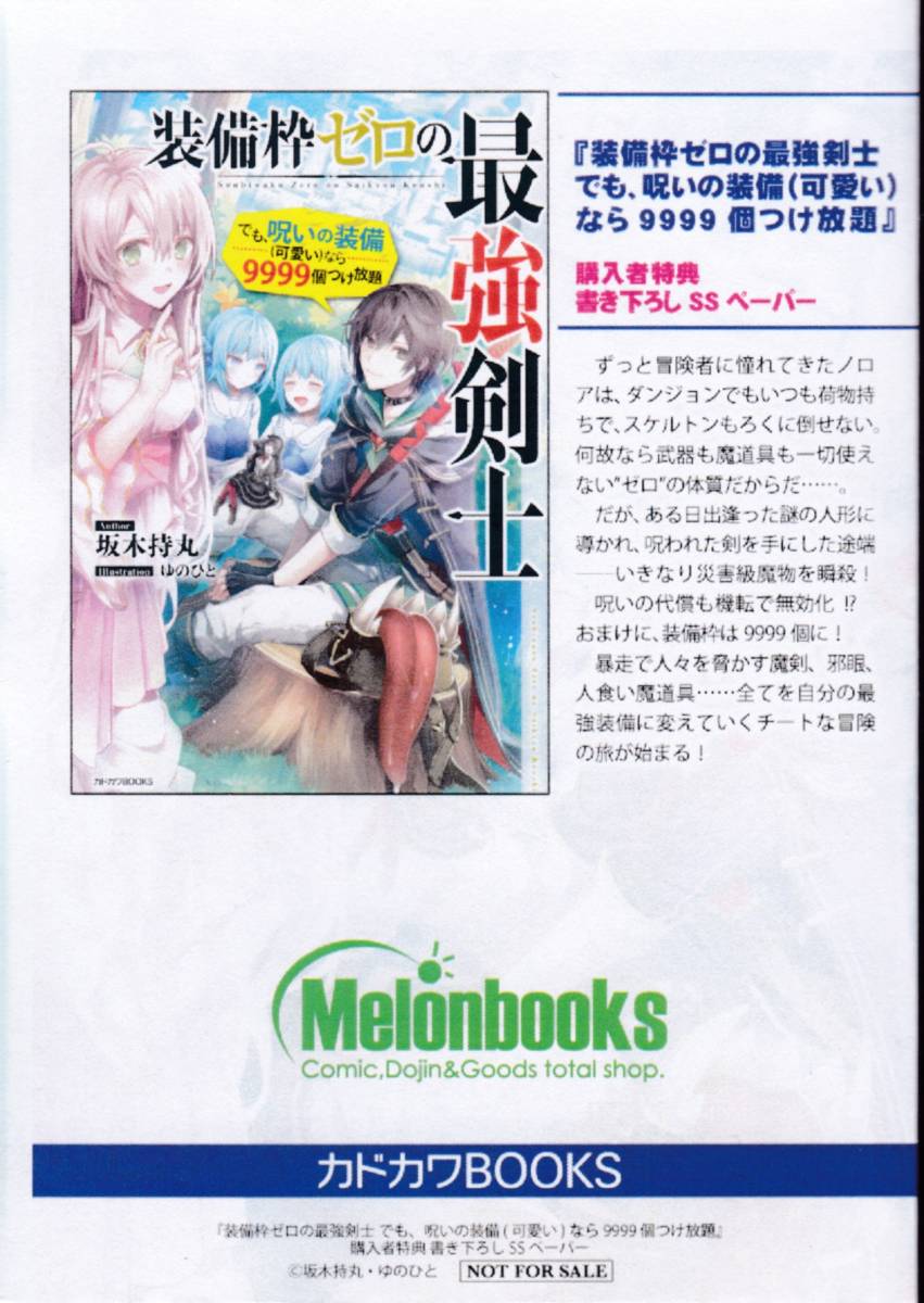 SS 装備枠ゼロの最強剣士 でも呪いの装備（可愛い）なら9999個つけ放題 ノベル1巻 メロンブックス特典 A4 4つ折SSペーパー※本はつきません_画像1