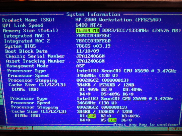 H1674　HP Workstation Z800 Xeon X5690　 3.47GHz×2 メモリ16GB L1/L2/L3：384KB/1.5MB/12MB　BIOS確認済_画像2