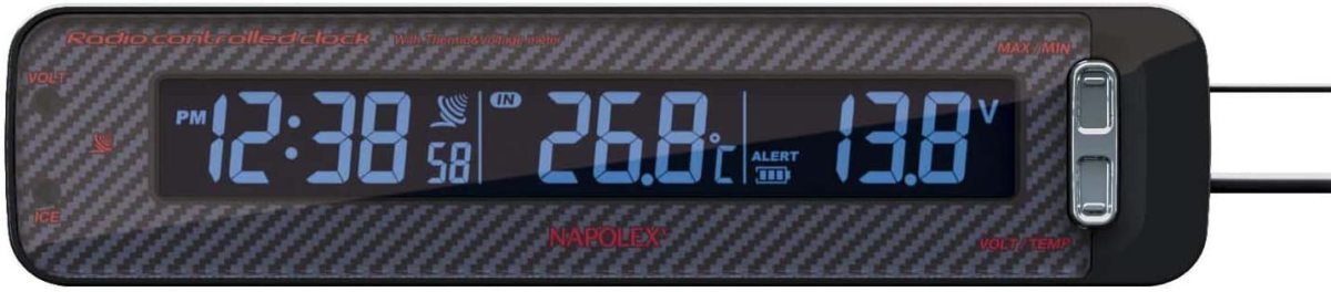 ナポレックス FIZZ-1026 VTメータークロック カーボンタイプ カー用品 温度計 気温 外気 カレンダー 時計 電池式 外気温 電波時計 NAPOLEX_画像3