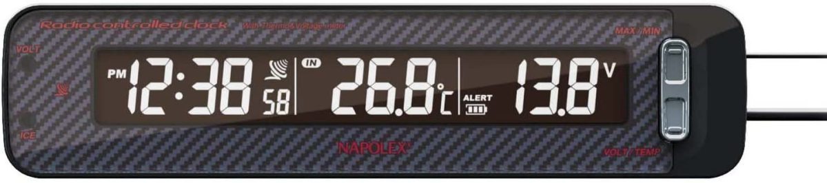 ナポレックス FIZZ-1026 VTメータークロック カーボンタイプ カー用品 温度計 気温 外気 カレンダー 時計 電池式 外気温 電波時計 NAPOLEX_画像4