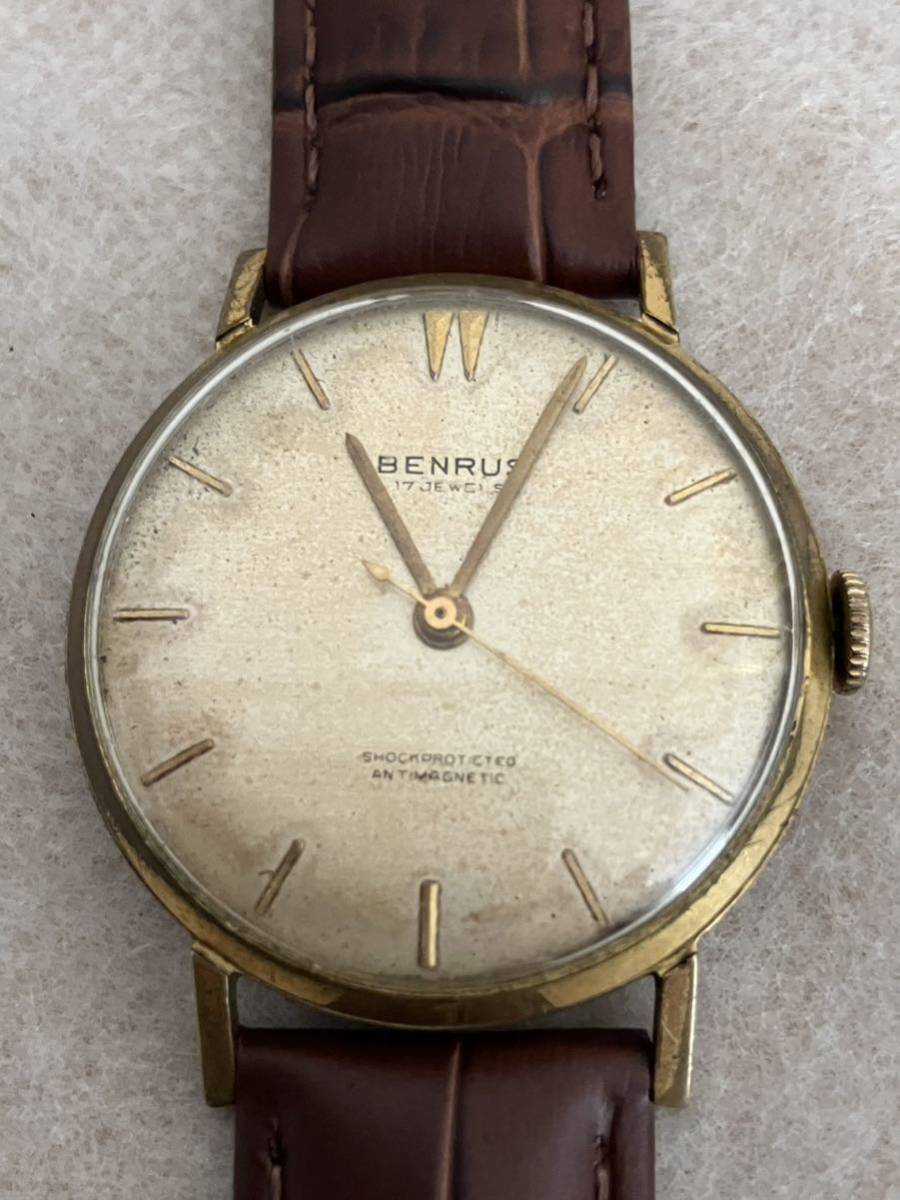 稼働★貴重★BENRUS ベンラス 17JEWELS 手巻き 腕時計※革ベルト新品交換済