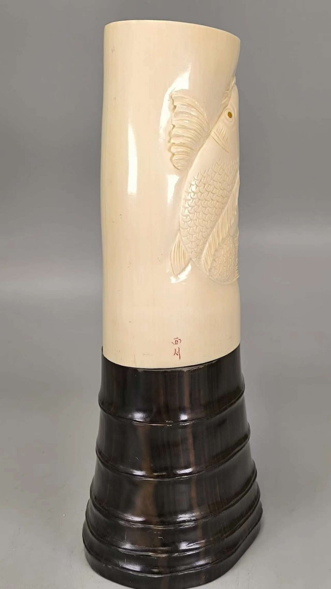 F0386 西月銘 筆筒 鯉紋 東洋彫刻 細密細工 置物 時代物 D_画像5