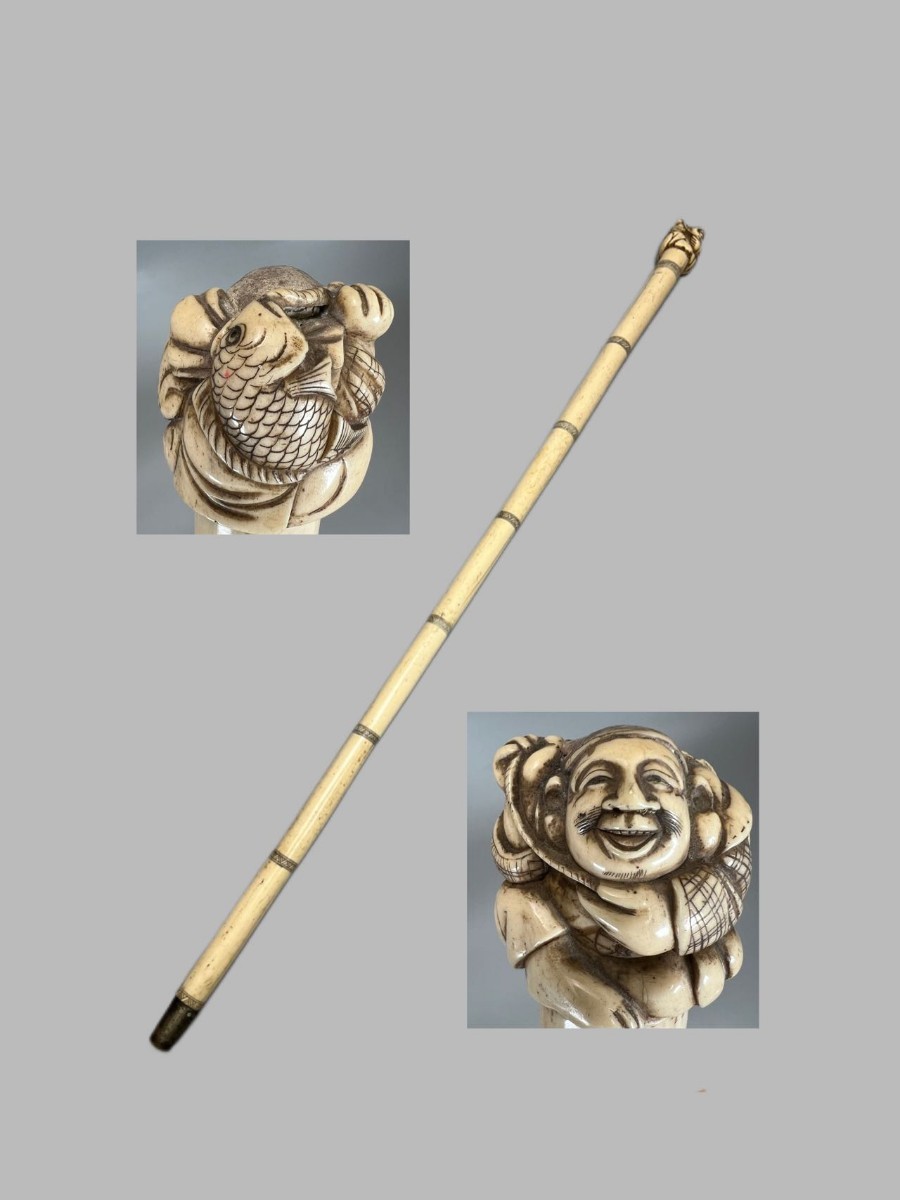 F0443 時代物手杖 手杖 一本杖 骨彫七福神 恵比寿 骨製 骨材 長87cm