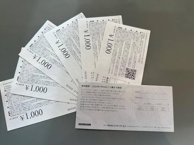 HIS 株主優待券 1000円ｘ6枚 2024年7月31日まで_画像3