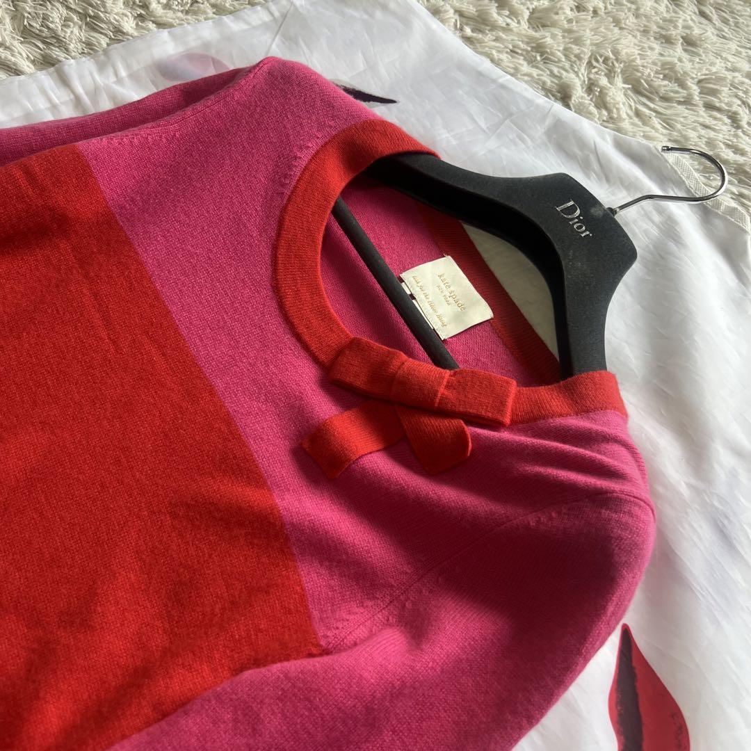 美品】kate spade バイカラーニットワンピース レッド ピンク S 美品】kate spade バイカラーニットワンピース レッド ピンク S
