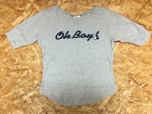 The DISNEY Store レトロ ディズニー oh boy ワッペン 刺繍 マッキーマウス 五分袖Tシャツ レディース コットン100% M グレー_画像1