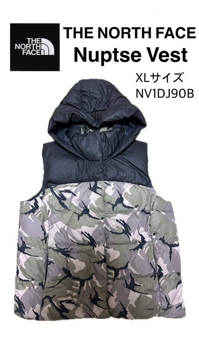 【REUSE：THE NORTH FACE】ノースフェイス ダウンベスト　Nuptse Vest 100 XLサイズ　迷彩フード付