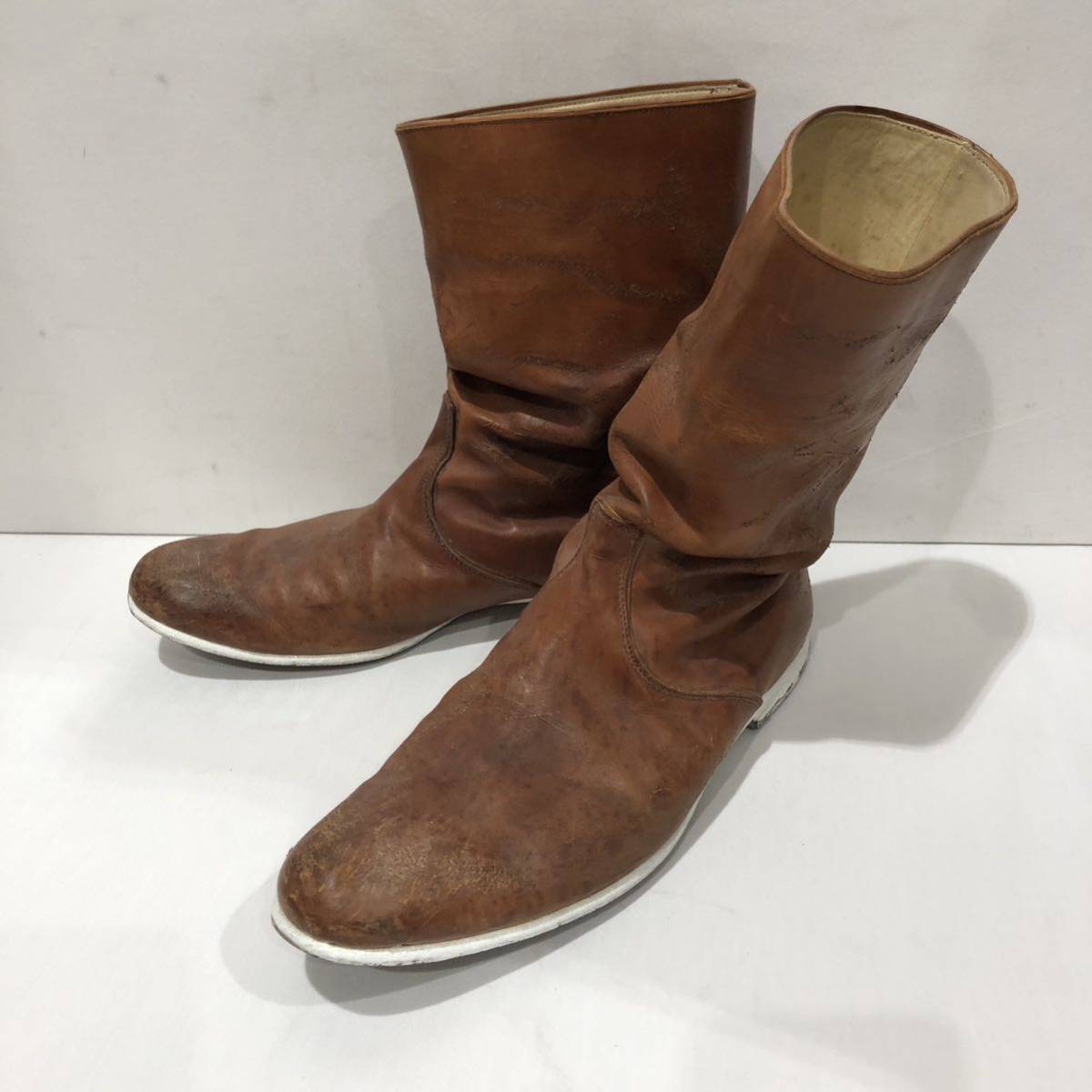 【NUMBER (N)INE】ナンバーナイン ペコスブーツ ダメージ加工 レザー 革 ブラウン 25.5cm ts202402