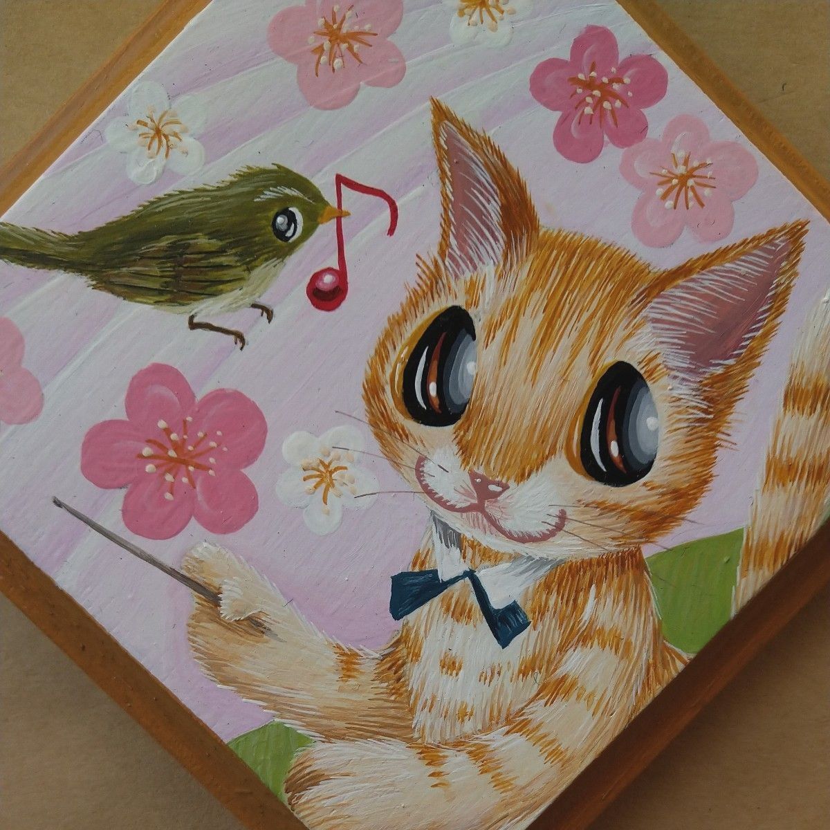 猫のミニパネル３月・梅１（一辺約10cm）　ハンドメイド　インテリア雑貨　猫雑貨　壁掛け飾り