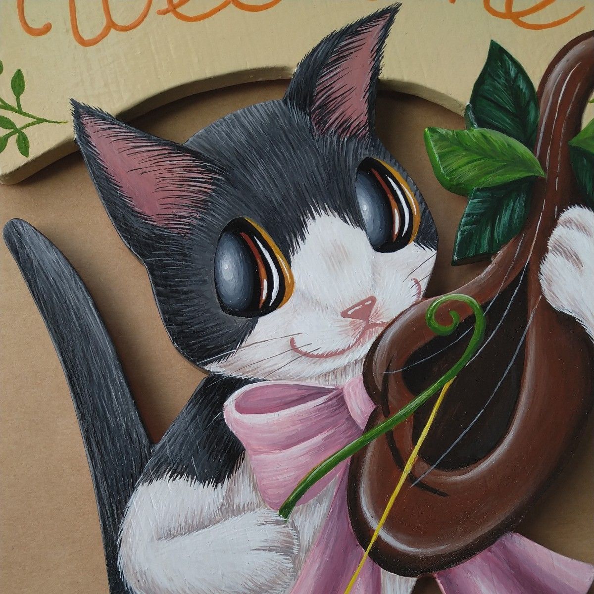 猫の絵の壁掛け飾り大・猫楽隊８（縦約28cm）ウェルカムボード　ハンドメイド　インテリア雑貨　猫雑貨