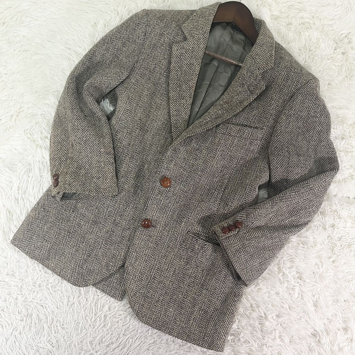 1円〜 M位 ハリスツイード Harris Tweed テーラードジャケット ヘリンボーン くるみボタン 2B ウール100%アウター 紳士服 メンズ グレー _画像2