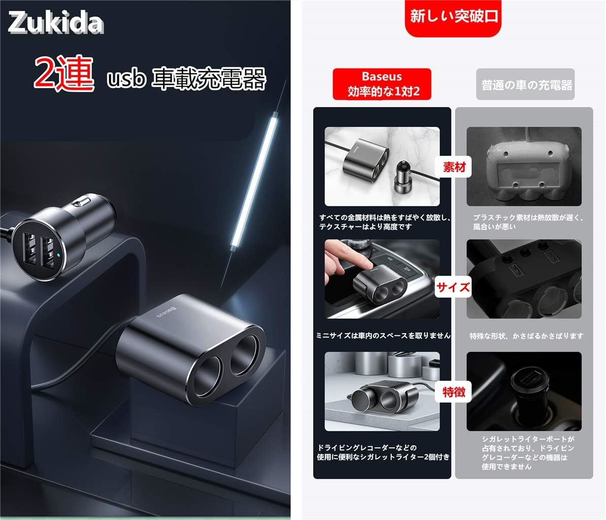 ブラック Zukida 合金製 2連 usb 車載充電器 分配器 シガーソケット 急速充電 カーチャージャー 2USBポート 80_画像4